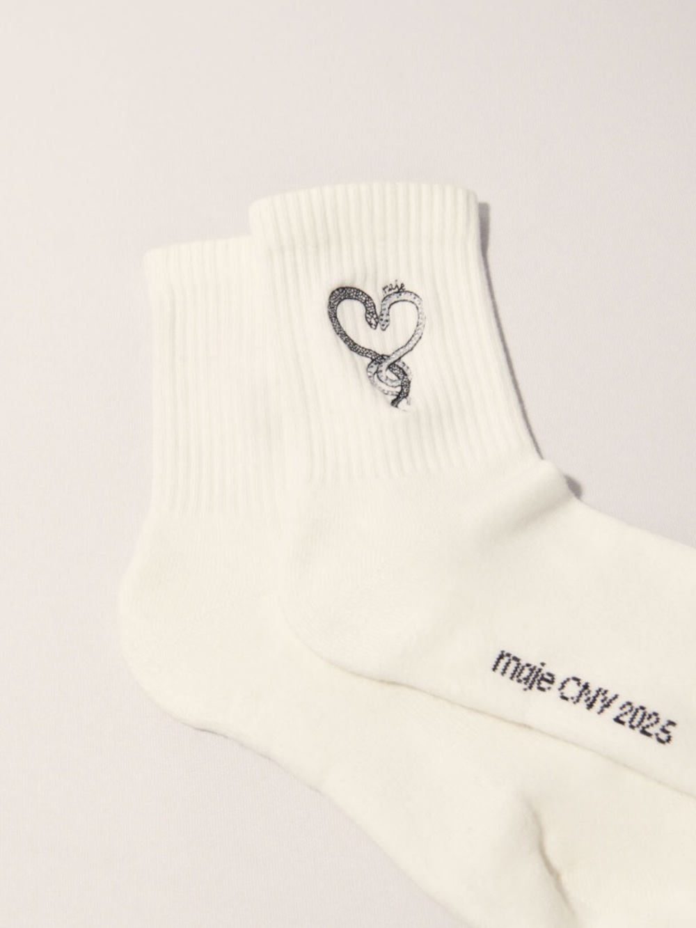Maje Rhinestone Crystal Heart Snake High Ribbed White Cotton Socks NEW